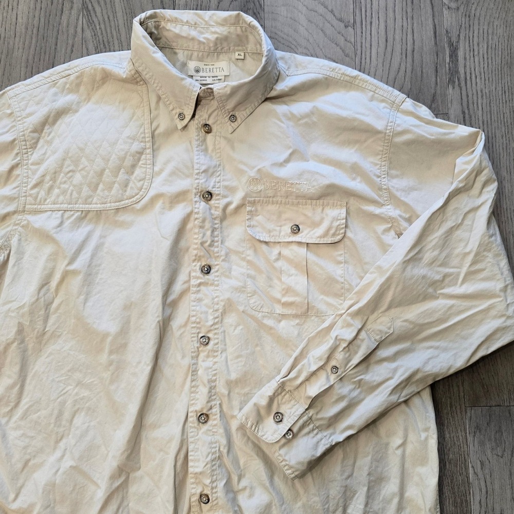 Beretta Long Sleeve Shooting Shirt Tan Mens XL Quilted Shoulder Patch Vented